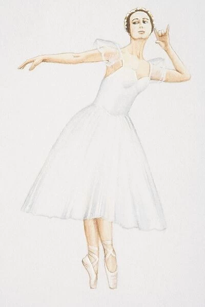 Ballerina in white calf-length dress dancing on pointes, front view