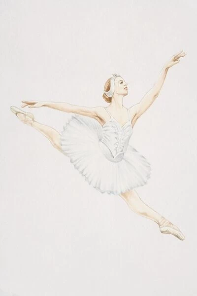 Ballerina in white tutu leaping forward, straight legs up in the air and outstretched arms, side view