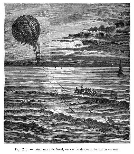Balloon descending on the sea engraving 1881
