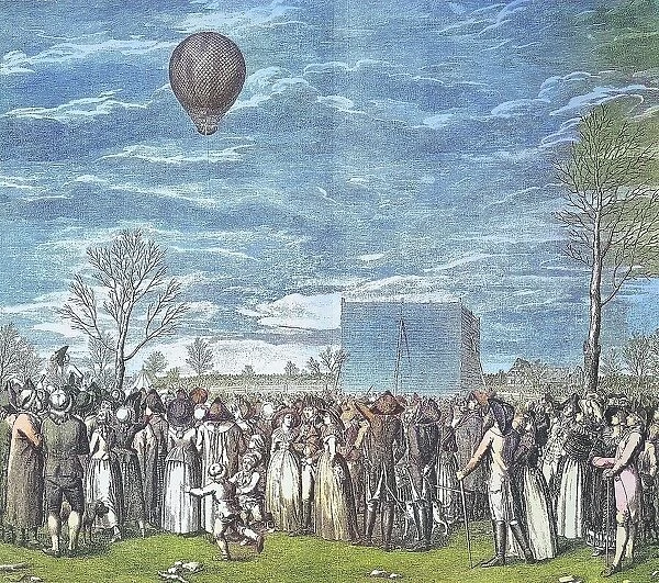 Balloon flight in Nuremberg, Germany, by Jean-Pierre Blanchard, 1753, 1809, a French inventor known as a pioneer of balloon flight, Historic, digitally restored reproduction from a 19th century original