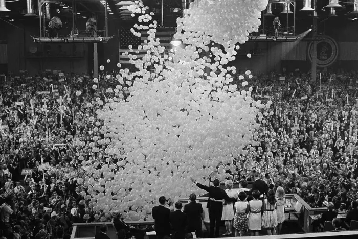 Framed Print : Balloons Fall From Convention Hall Floor Framed Print : Balloons Fall From Convention Hall Floor