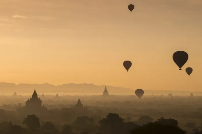 Framed Print : Balloons flying over Bagan, Myanmar