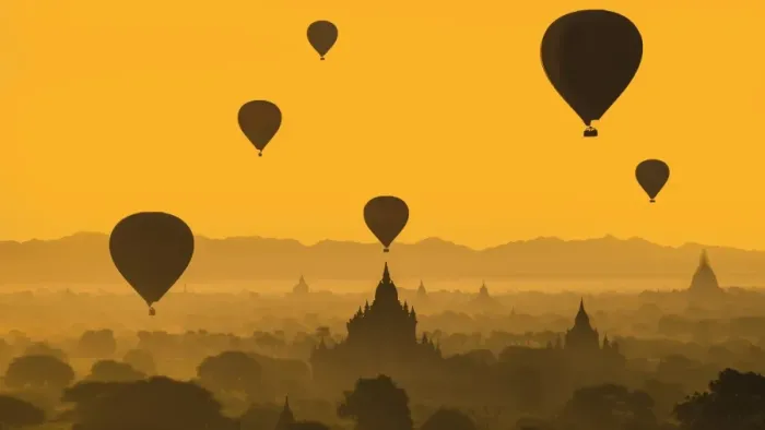 Framed Print : Balloons flying over Bagan, Myanmar Framed Print : Balloons flying over Bagan, Myanmar