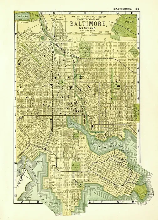 Framed Print : Baltimore Maryland map 1898 Framed Print : Baltimore Maryland map 1898