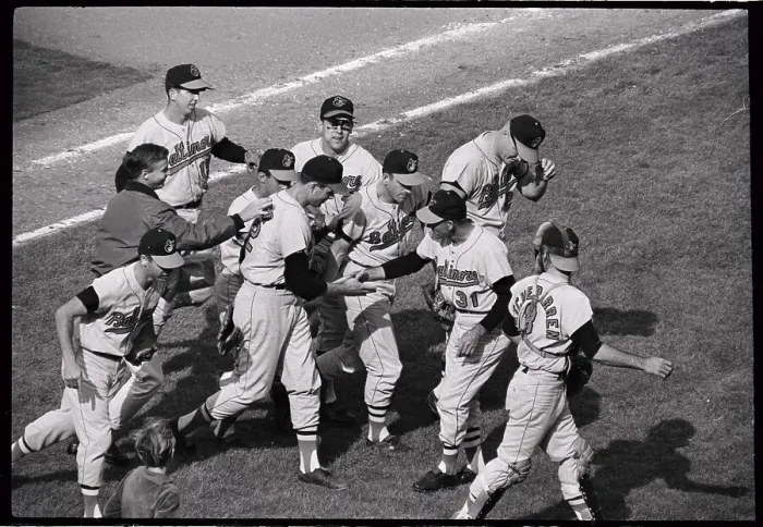 Framed Print : Baltimore Players Congratulating Pitcher Framed Print : Baltimore Players Congratulating Pitcher