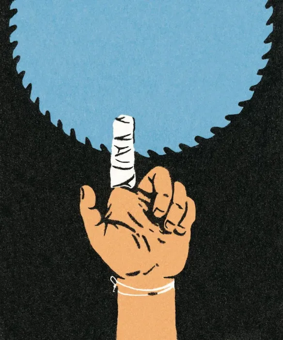 Framed Print : Bandaged finger and saw blade