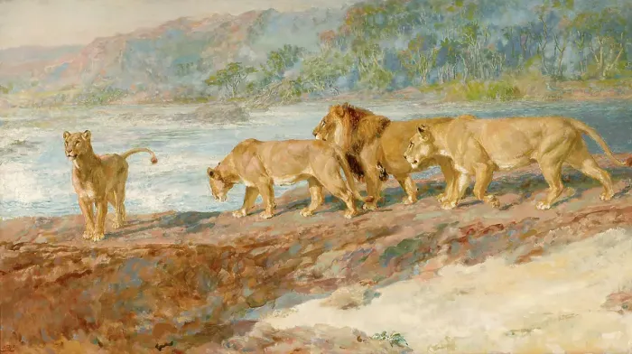 Framed Print : On the bank of an African river, 1918. Artist: Briton Riviere Framed Print : On the bank of an African river, 1918. Artist: Briton Riviere