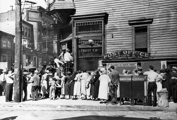 Framed Print : Bank Depositors Waiting in Line in Newark Framed Print : Bank Depositors Waiting in Line in Newark