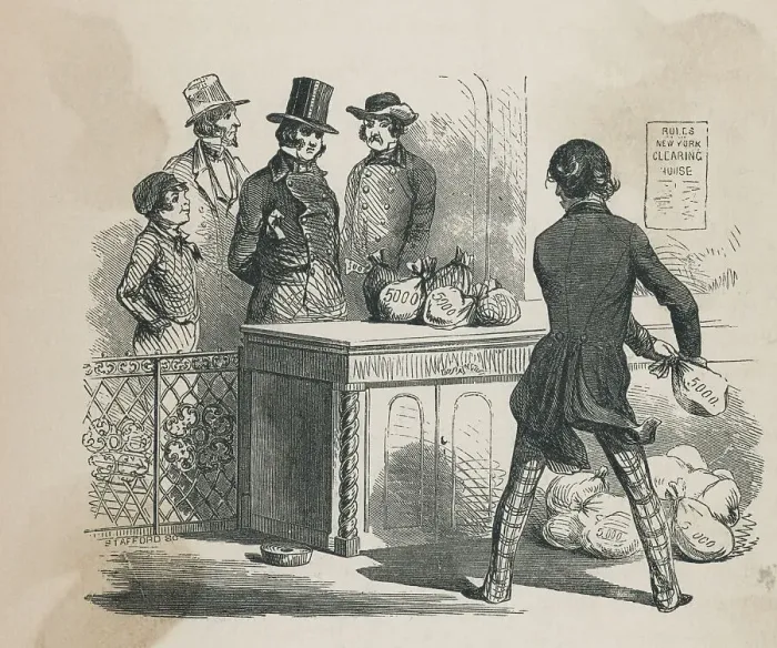 Framed Print : Bank Employee Distributing Bags of Money to Wealthy Client Framed Print : Bank Employee Distributing Bags of Money to Wealthy Client