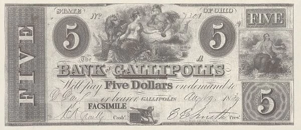 Bank Note. A Photograph of a Five Dollar Bank Note issued on August 19, 1839
