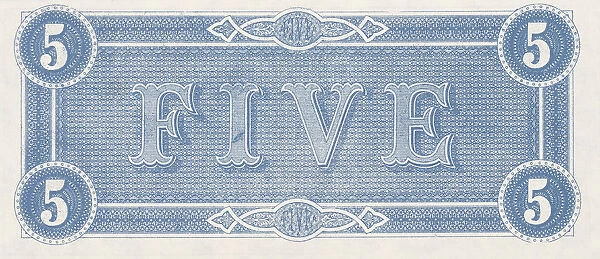 Bank Note. A Photograph of the back of a Five Dollar Bank Note issued on February 17, 1864