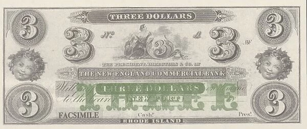 Bank Note. A Photograph of a Three Dollar Bank Note circa 1860