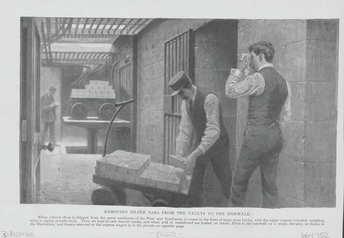 Framed Print : Banking. Illustration depicting the inner working of a bank; removing silver bars