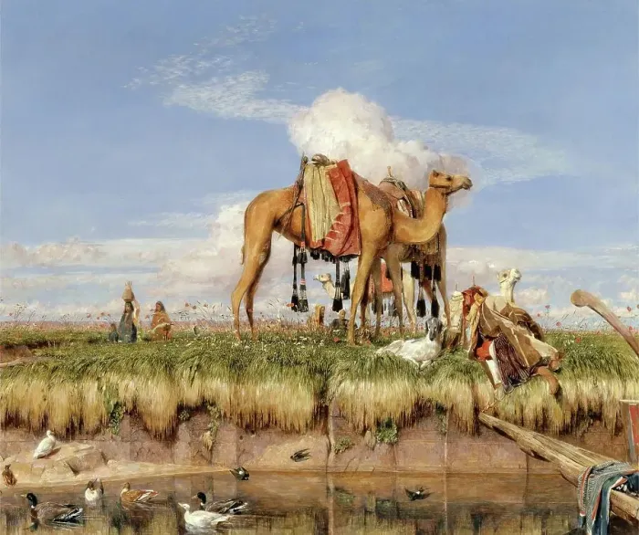 Framed Print : On the Banks of the Nile, Camels Stand on the Shore, Ducks Swim on the Surface of the Water, Egypt, 1876, Painting by John Frederick Lewis, Historic, digitally restored reproduction from a 19th century original Framed Print : On the Banks of the Nile, Camels Stand on the Shore, Ducks Swim on the Surface of the Water, Egypt, 1876, Painting by John Frederick Lewis, Historic, digitally restored reproduction from a 19th century original