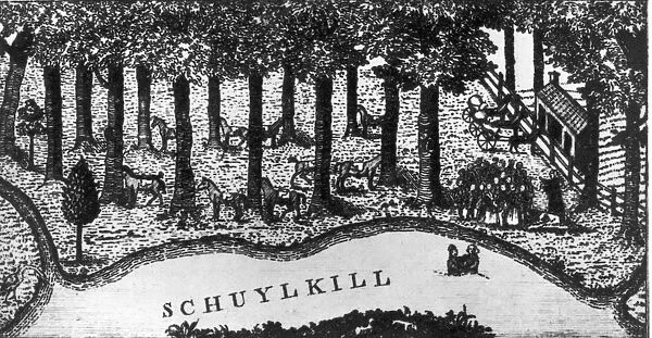 Baptism. Engraving by Henry Dawkins of a baptismal ceremony beside the Schuykill river