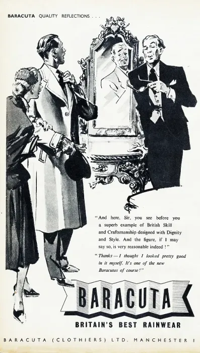 Framed Print : Baracuta. 1954: Advertisement for Baracuta showing a man trying on a raincoat Framed Print : Baracuta. 1954: Advertisement for Baracuta showing a man trying on a raincoat