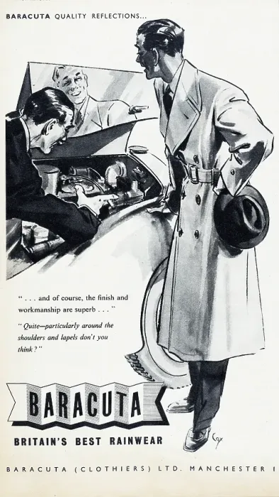 Framed Print : Baracuta. 1954: Advertisement for Baracuta clothing showing a man busy Framed Print : Baracuta. 1954: Advertisement for Baracuta clothing showing a man busy