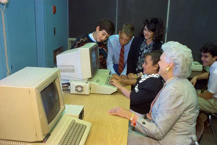 Framed Print : Barbara Bush in Computer Classroom Framed Print : Barbara Bush in Computer Classroom