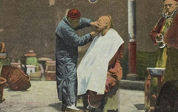 Barber in the street, Shanghai, 1907, China, Historic, digitally restored reproduction from a 19th century original
