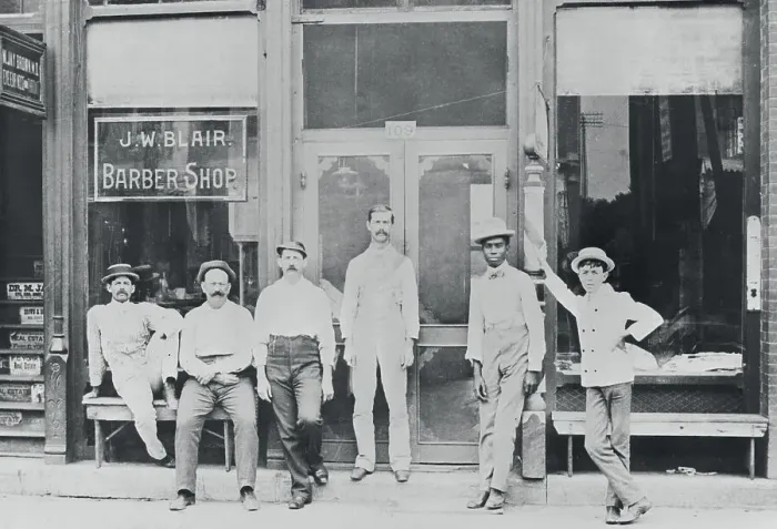 Framed Print : Barbers and Clients Standing Outside Framed Print : Barbers and Clients Standing Outside