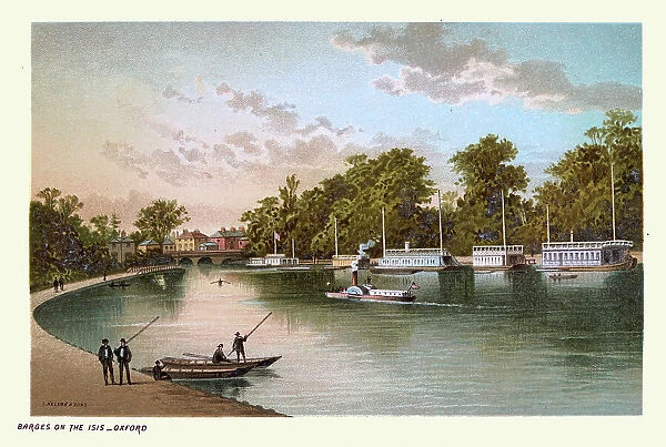 Barges on the Isis (Thames), Oxford, England, 19th Century, Victorian art