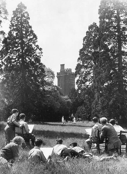 Tower. circa 1930: Barnardo boys sketching the old tower at New Lodge, Windsor, Berkshire