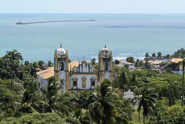 Baroque church and blue ocean, Olinda, Pernambuco, Brazil