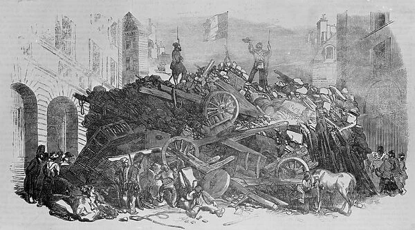 Barricade. 18th March 1848: A barricade erected in the Rue St Martin