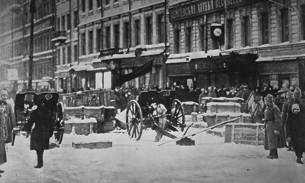Barricade. 12th March 1917: Barricades traversing a street in St Petersburg