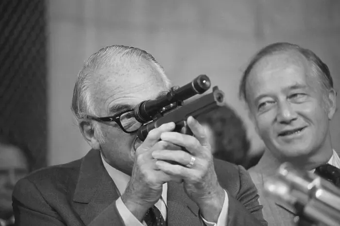 Framed Print : Barry Goldwater Sights Through Dart Gun Framed Print : Barry Goldwater Sights Through Dart Gun