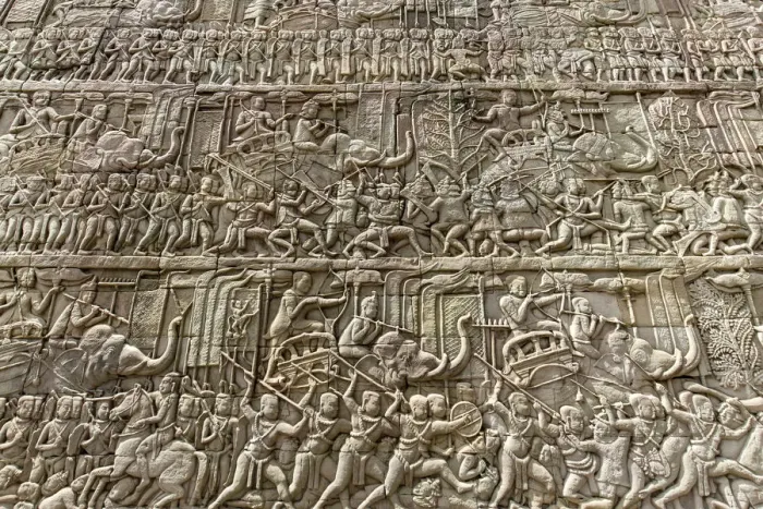 Framed Print : The Bas Relief of Bayon Temple in Angkor Thom Framed Print : The Bas Relief of Bayon Temple in Angkor Thom