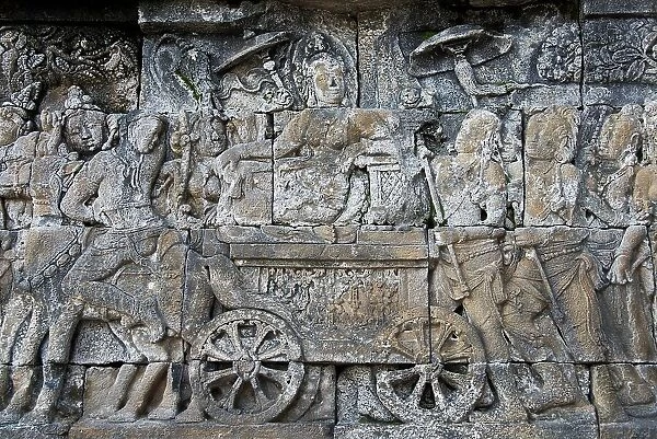 Detail in Bas-relief Carvings Depicting Scenes from Life of Buddha, Borobudur, Java, Indonesia