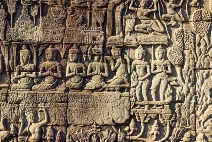 Framed Print : Bas relief sculpture at Angkor, Cambodia