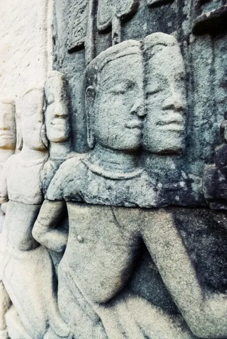 Framed Print : Bas relief sculpture at Angkor, Cambodia