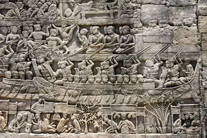 Framed Print : Bas-reliefs at the Bayon temple, Siem Reap, Cambodia