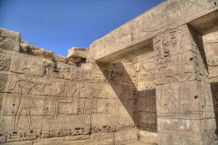 Framed Print : Bas reliefs, Hypostyle Hall, Medinet Habu (Mortuary Temple of Ramses III), West Bank