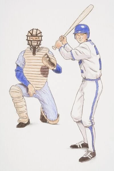 Baseball batter and backstop poised in their playing positions, front view