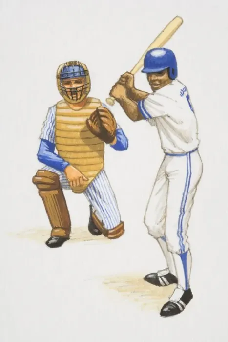 Framed Print : Baseball batter and backstop poised in their playing positions, front view Framed Print : Baseball batter and backstop poised in their playing positions, front view