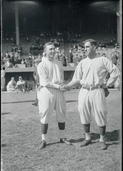 Framed Print : Baseball Captains Bancroft and Peckingpaugh Shaking Hands on Field Framed Print : Baseball Captains Bancroft and Peckingpaugh Shaking Hands on Field