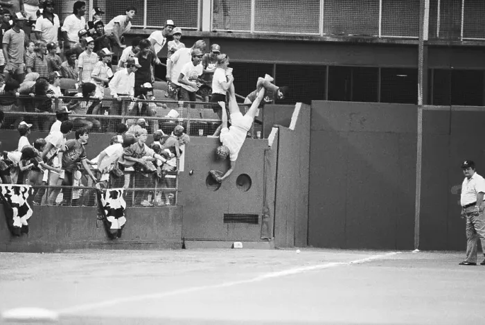 Framed Print : Baseball Fan Falling to Catch Baseball Framed Print : Baseball Fan Falling to Catch Baseball