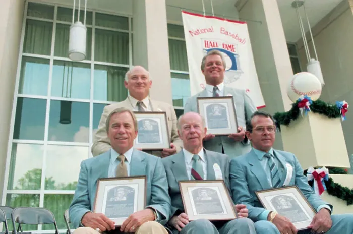 Framed Print : Baseball Hall of Fame Inductees With Their Plaques Framed Print : Baseball Hall of Fame Inductees With Their Plaques