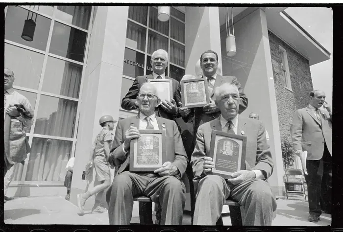 Framed Print : Baseball Legends Holding Plaques from Hall of Fame Framed Print : Baseball Legends Holding Plaques from Hall of Fame