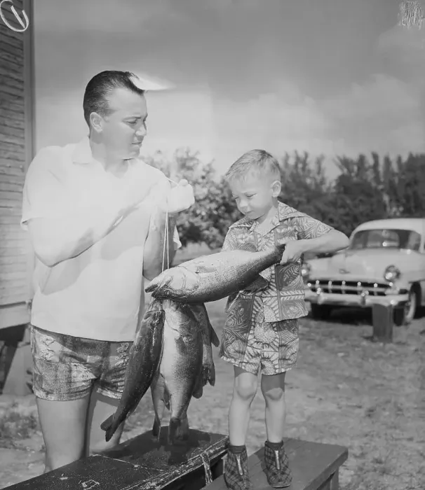 Framed Print : Baseball Player Duke Snider Showing His Son a Fish Framed Print : Baseball Player Duke Snider Showing His Son a Fish