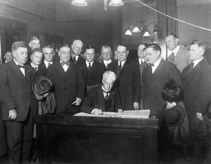 Framed Print : Baseball Team Representatives Watch Judge Landis Signing Contract Framed Print : Baseball Team Representatives Watch Judge Landis Signing Contract