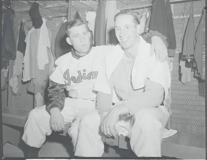 Framed Print : Baseball Teammates Bob Lemon and Bob Feller in Dressing Room Framed Print : Baseball Teammates Bob Lemon and Bob Feller in Dressing Room