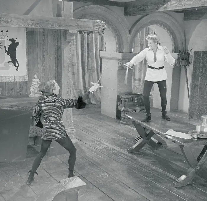 Framed Print : Basil Rathbone Fencing Against Danny Kaye Framed Print : Basil Rathbone Fencing Against Danny Kaye