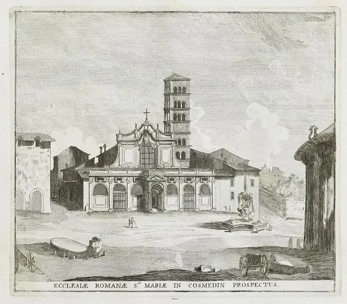 Framed Print : The Basilica minor Santa Maria in Cosmedin, originally Santa Maria in Schola Graeca, is a church in Rome near the banks of the Tiber at the Piazza Bocca della Verita, historic Rome, Italy, digital reproduction of an original 17th century painting Framed Print : The Basilica minor Santa Maria in Cosmedin, originally Santa Maria in Schola Graeca, is a church in Rome near the banks of the Tiber at the Piazza Bocca della Verita, historic Rome, Italy, digital reproduction of an original 17th century painting