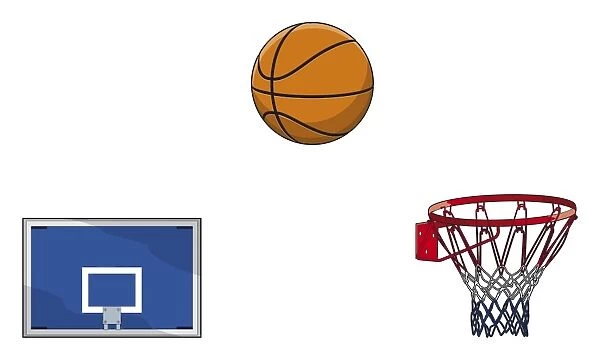 Basketball backboard, ball, hoop and netting