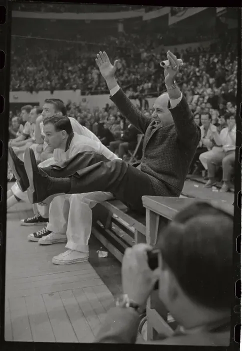 Framed Print : Basketball Coach Celebrating Basket Framed Print : Basketball Coach Celebrating Basket
