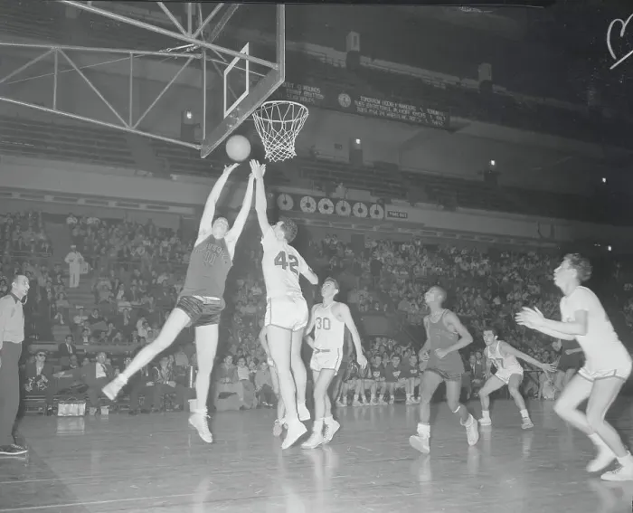Framed Print : Basketball Players Going up at the Basket Framed Print : Basketball Players Going up at the Basket